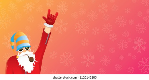 vector DJ rock n roll santa claus with smoking pipe, santa beard and funky hat isolated on pink christmas horizontal banner background with snowflakes. Horizontal Christmas hipster party poster