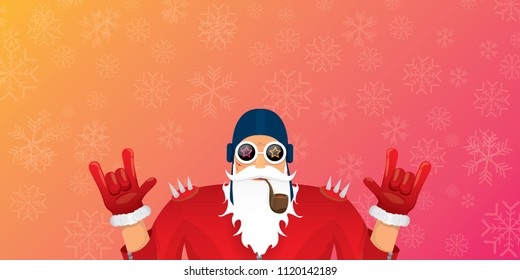 vector DJ rock n roll santa claus with smoking pipe, santa beard and funky hat isolated on pink christmas horizontal banner background with snowflakes. Horizontal Christmas hipster party poster