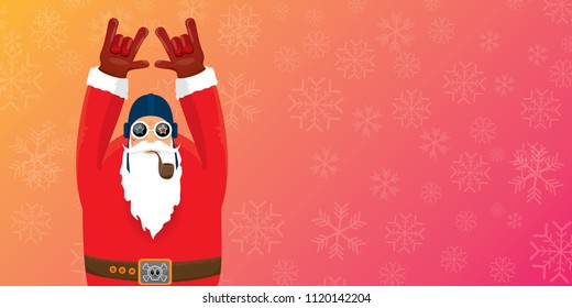 vector DJ rock n roll santa claus with smoking pipe, santa beard and funky hat isolated on pink christmas horizontal banner background with snowflakes. Horizontal Christmas hipster party poster