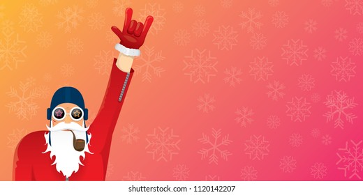 vector DJ rock n roll santa claus with smoking pipe, santa beard and funky hat isolated on pink christmas horizontal banner background with snowflakes. Horizontal Christmas hipster party poster