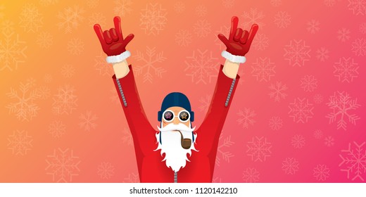 vector DJ rock n roll santa claus with smoking pipe, santa beard and funky hat isolated on pink christmas horizontal banner background with snowflakes. Horizontal Christmas hipster party poster
