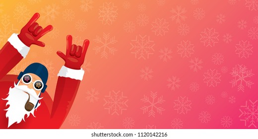 vector DJ rock n roll santa claus with smoking pipe, santa beard and funky hat isolated on pink christmas horizontal banner background with snowflakes. Horizontal Christmas hipster party poster