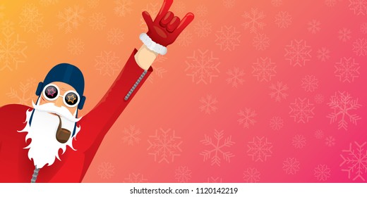 vector DJ rock n roll santa claus with smoking pipe, santa beard and funky hat isolated on pink christmas horizontal banner background with snowflakes. Horizontal Christmas hipster party poster