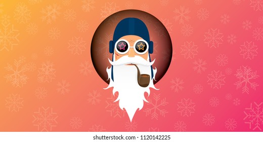 vector DJ rock n roll santa claus with smoking pipe, santa beard and funky hat isolated on pink christmas horizontal banner background with snowflakes. Horizontal Christmas hipster party poster