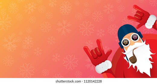 vector DJ rock n roll santa claus with smoking pipe, santa beard and funky hat isolated on pink christmas horizontal banner background with snowflakes. Horizontal Christmas hipster party poster