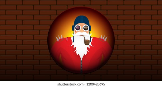 vector DJ rock n roll santa claus with smoking pipe, santa beard and funky hat isolated on brick wall horizontal banner background. Horizontal Christmas hipster party poster