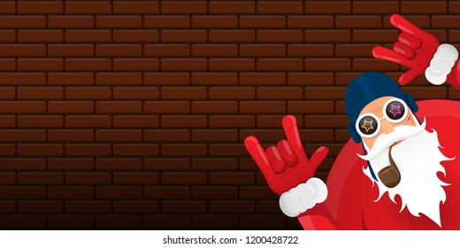 vector DJ rock n roll santa claus with smoking pipe, santa beard and funky hat isolated on brick wall horizontal banner background. Horizontal Christmas hipster party poster