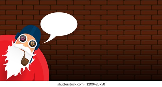 vector DJ rock n roll santa claus with smoking pipe, santa beard and funky hat isolated on brick wall horizontal banner background. Horizontal Christmas hipster party poster