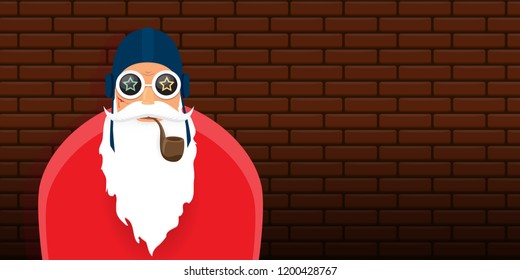 vector DJ rock n roll santa claus with smoking pipe, santa beard and funky hat isolated on brick wall horizontal banner background. Horizontal Christmas hipster party poster