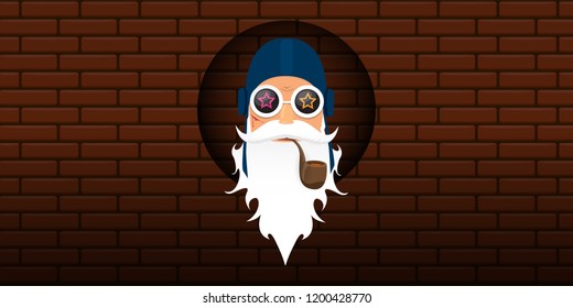 vector DJ rock n roll santa claus with smoking pipe, santa beard and funky hat isolated on brick wall horizontal banner background. Horizontal Christmas hipster party poster