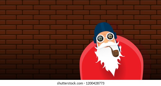 vector DJ rock n roll santa claus with smoking pipe, santa beard and funky hat isolated on brick wall horizontal banner background. Horizontal Christmas hipster party poster