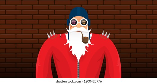 vector DJ rock n roll santa claus with smoking pipe, santa beard and funky hat isolated on brick wall horizontal banner background. Horizontal Christmas hipster party poster