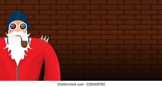 vector DJ rock n roll santa claus with smoking pipe, santa beard and funky hat isolated on brick wall horizontal banner background. Horizontal Christmas hipster party poster