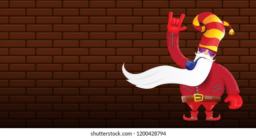 vector DJ rock n roll santa claus with smoking pipe, santa beard and funky hat isolated on brick wall horizontal banner background. Horizontal Christmas hipster party poster
