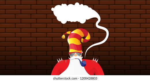 vector DJ rock n roll santa claus with smoking pipe, santa beard and funky hat isolated on brick wall horizontal banner background. Horizontal Christmas hipster party poster