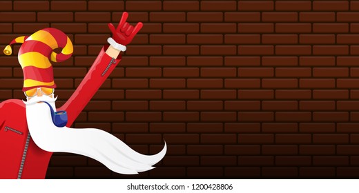 vector DJ rock n roll santa claus with smoking pipe, santa beard and funky hat isolated on brick wall horizontal banner background. Horizontal Christmas hipster party poster