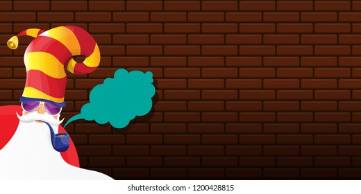 vector DJ rock n roll santa claus with smoking pipe, santa beard and funky hat isolated on brick wall horizontal banner background. Horizontal Christmas hipster party poster