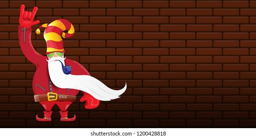 vector DJ rock n roll santa claus with smoking pipe, santa beard and funky hat isolated on brick wall horizontal banner background. Horizontal Christmas hipster party poster