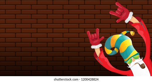 vector DJ rock n roll santa claus with smoking pipe, santa beard and funky hat isolated on brick wall horizontal banner background. Horizontal Christmas hipster party poster