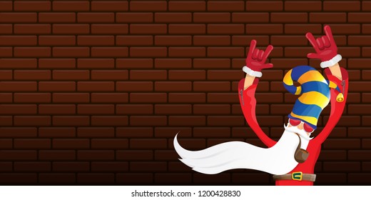 vector DJ rock n roll santa claus with smoking pipe, santa beard and funky hat isolated on brick wall horizontal banner background. Horizontal Christmas hipster party poster