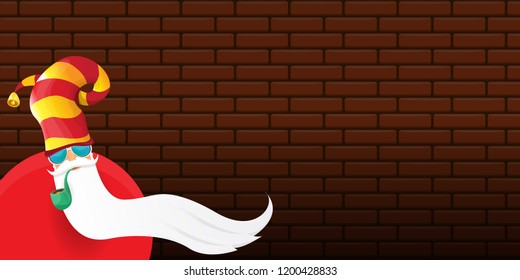 vector DJ rock n roll santa claus with smoking pipe, santa beard and funky hat isolated on brick wall horizontal banner background. Horizontal Christmas hipster party poster