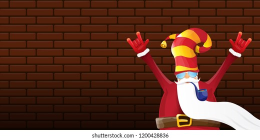 vector DJ rock n roll santa claus with smoking pipe, santa beard and funky hat isolated on brick wall horizontal banner background. Horizontal Christmas hipster party poster