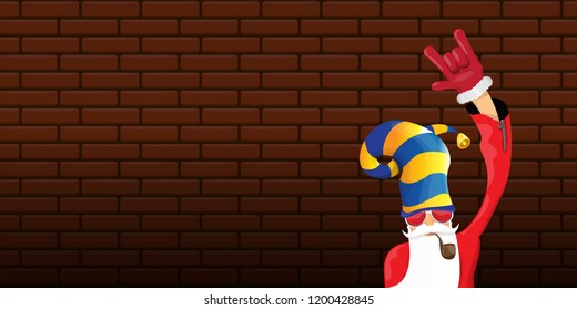 vector DJ rock n roll santa claus with smoking pipe, santa beard and funky hat isolated on brick wall horizontal banner background. Horizontal Christmas hipster party poster
