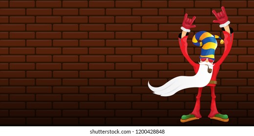 vector DJ rock n roll santa claus with smoking pipe, santa beard and funky hat isolated on brick wall horizontal banner background. Horizontal Christmas hipster party poster