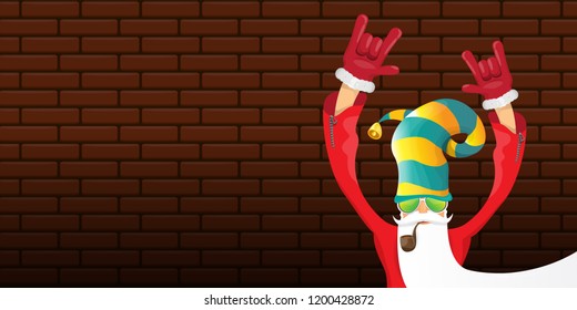 vector DJ rock n roll santa claus with smoking pipe, santa beard and funky hat isolated on brick wall horizontal banner background. Horizontal Christmas hipster party poster