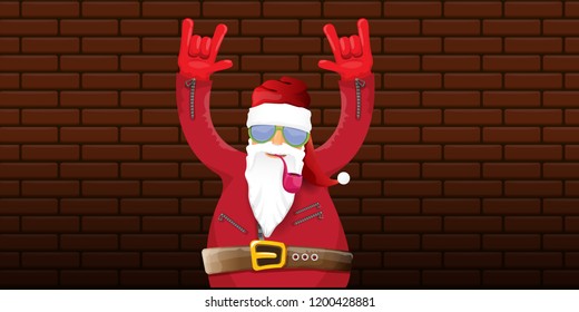 vector DJ rock n roll santa claus with smoking pipe, santa beard and funky hat isolated on brick wall horizontal banner background. Horizontal Christmas hipster party poster