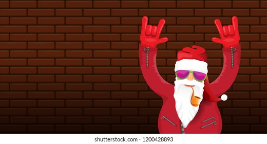 vector DJ rock n roll santa claus with smoking pipe, santa beard and funky hat isolated on brick wall horizontal banner background. Horizontal Christmas hipster party poster