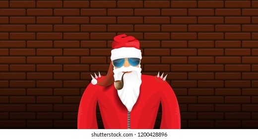 vector DJ rock n roll santa claus with smoking pipe, santa beard and funky hat isolated on brick wall horizontal banner background. Horizontal Christmas hipster party poster