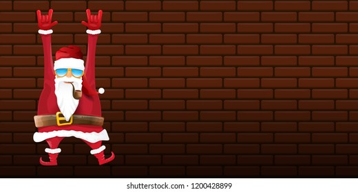vector DJ rock n roll santa claus with smoking pipe, santa beard and funky hat isolated on brick wall horizontal banner background. Horizontal Christmas hipster party poster