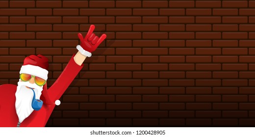 vector DJ rock n roll santa claus with smoking pipe, santa beard and funky hat isolated on brick wall horizontal banner background. Horizontal Christmas hipster party poster