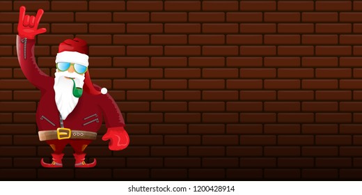 vector DJ rock n roll santa claus with smoking pipe, santa beard and funky hat isolated on brick wall horizontal banner background. Horizontal Christmas hipster party poster