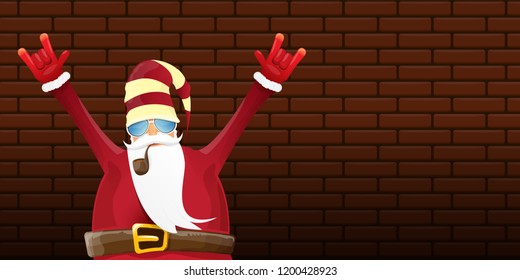 vector DJ rock n roll santa claus with smoking pipe, santa beard and funky hat isolated on brick wall horizontal banner background. Horizontal Christmas hipster party poster