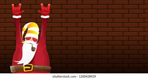 vector DJ rock n roll santa claus with smoking pipe, santa beard and funky hat isolated on brick wall horizontal banner background. Horizontal Christmas hipster party poster