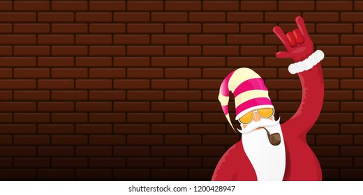 vector DJ rock n roll santa claus with smoking pipe, santa beard and funky hat isolated on brick wall horizontal banner background. Horizontal Christmas hipster party poster