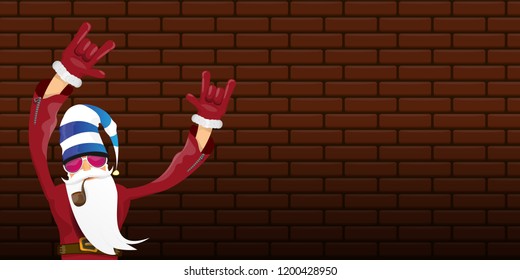 vector DJ rock n roll santa claus with smoking pipe, santa beard and funky hat isolated on brick wall horizontal banner background. Horizontal Christmas hipster party poster