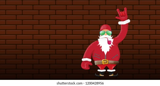 vector DJ rock n roll santa claus with smoking pipe, santa beard and funky hat isolated on brick wall horizontal banner background. Horizontal Christmas hipster party poster