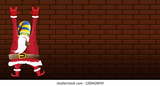 vector DJ rock n roll santa claus with smoking pipe, santa beard and funky hat isolated on brick wall horizontal banner background. Horizontal Christmas hipster party poster
