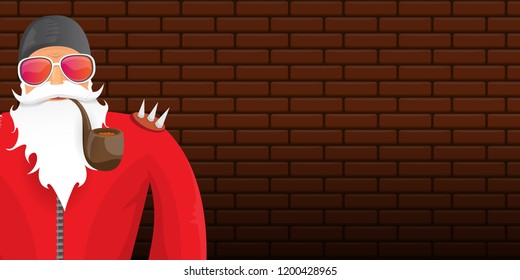 vector DJ rock n roll santa claus with smoking pipe, santa beard and funky hat isolated on brick wall horizontal banner background. Horizontal Christmas hipster party poster