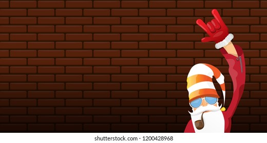 vector DJ rock n roll santa claus with smoking pipe, santa beard and funky hat isolated on brick wall horizontal banner background. Horizontal Christmas hipster party poster