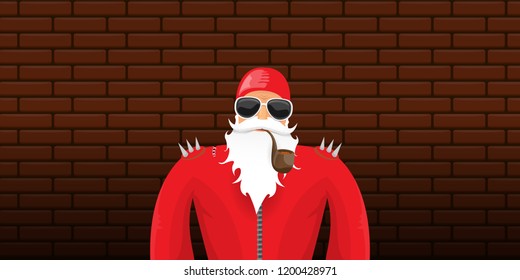 vector DJ rock n roll santa claus with smoking pipe, santa beard and funky hat isolated on brick wall horizontal banner background. Horizontal Christmas hipster party poster