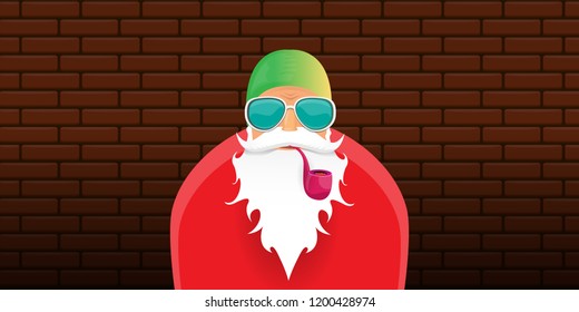 vector DJ rock n roll santa claus with smoking pipe, santa beard and funky hat isolated on brick wall horizontal banner background. Horizontal Christmas hipster party poster