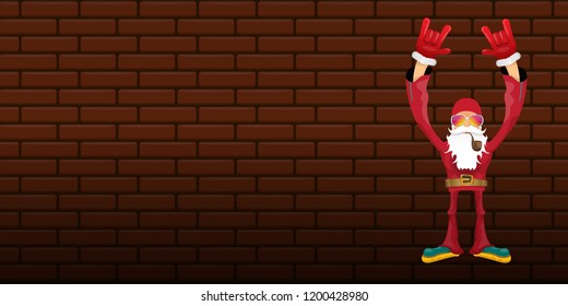 vector DJ rock n roll santa claus with smoking pipe, santa beard and funky hat isolated on brick wall horizontal banner background. Horizontal Christmas hipster party poster