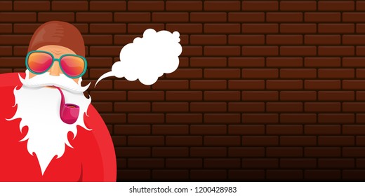 vector DJ rock n roll santa claus with smoking pipe, santa beard and funky hat isolated on brick wall horizontal banner background. Horizontal Christmas hipster party poster