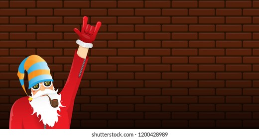 vector DJ rock n roll santa claus with smoking pipe, santa beard and funky hat isolated on brick wall horizontal banner background. Horizontal Christmas hipster party poster
