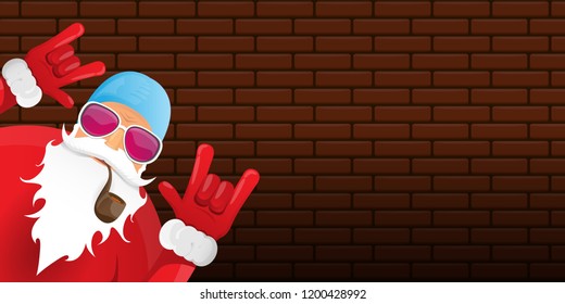 vector DJ rock n roll santa claus with smoking pipe, santa beard and funky hat isolated on brick wall horizontal banner background. Horizontal Christmas hipster party poster