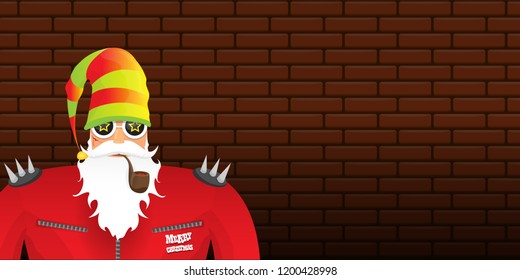 vector DJ rock n roll santa claus with smoking pipe, santa beard and funky hat isolated on brick wall horizontal banner background. Horizontal Christmas hipster party poster